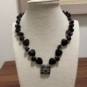 Vintage Single Strand Necklace with Black Acrylic Hearts,/Clear Crystal +Pendant